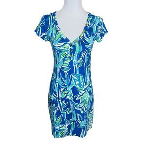 Lilly Pulitzer Palmira Dress Blue Crush Bamboo Short Sleeve Cotton Dress Size XS